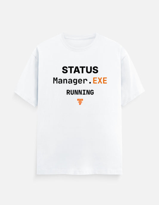 Manager.EXE premium typography t-shirt for Engineering Managers featuring a clean terminal-inspired STATUS Running design.