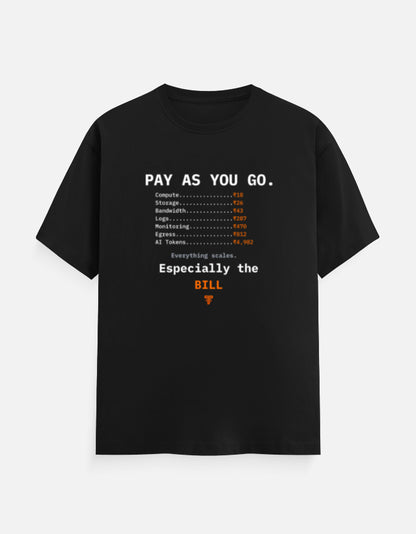 Minimal typography t-shirt featuring a cloud-style billing table with the punchline "Everything scales. Especially the bill." for cloud engineers and DevOps professionals.