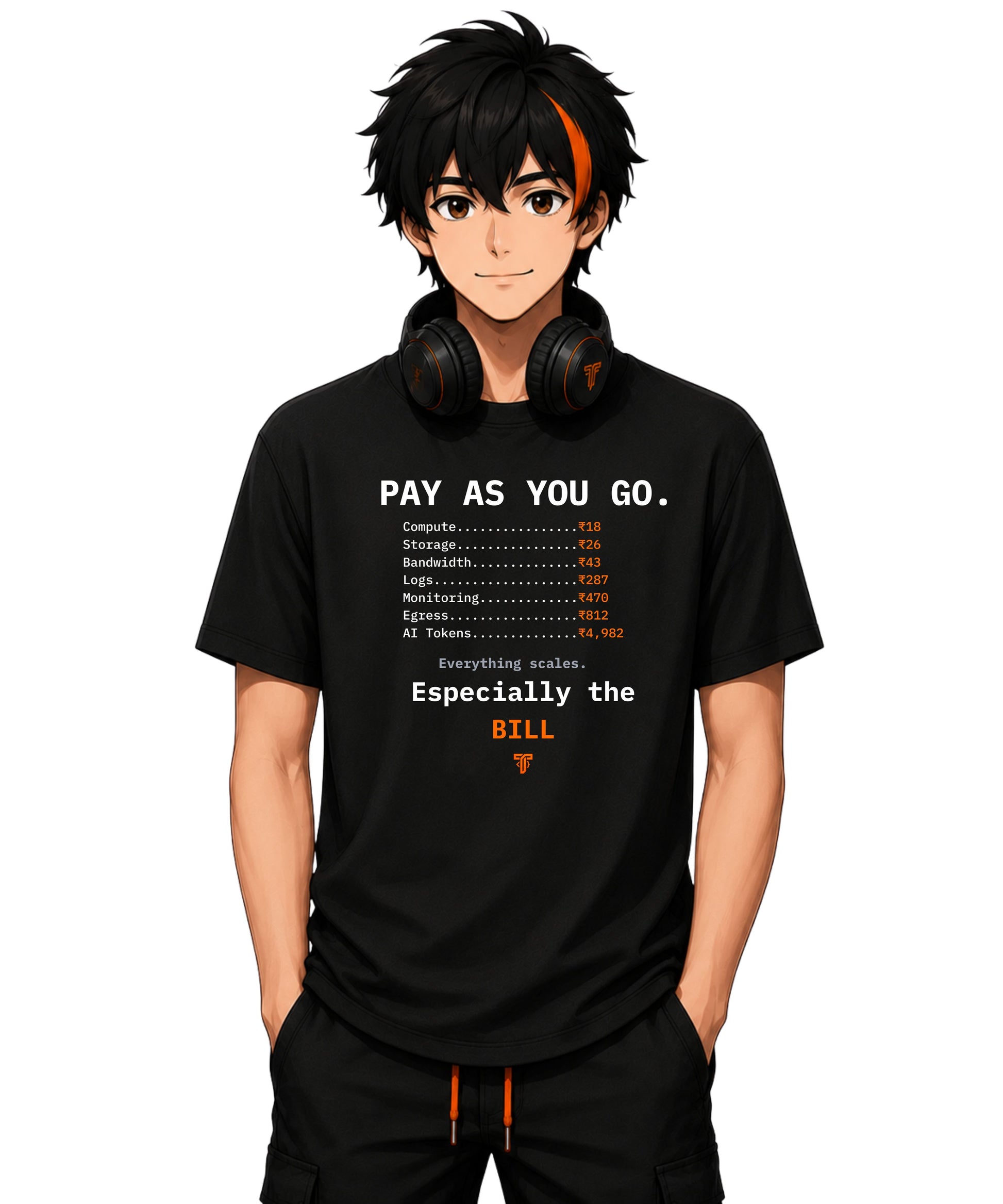 Minimal typography t-shirt featuring a cloud-style billing table with the punchline "Everything scales. Especially the bill." for cloud engineers and DevOps professionals.