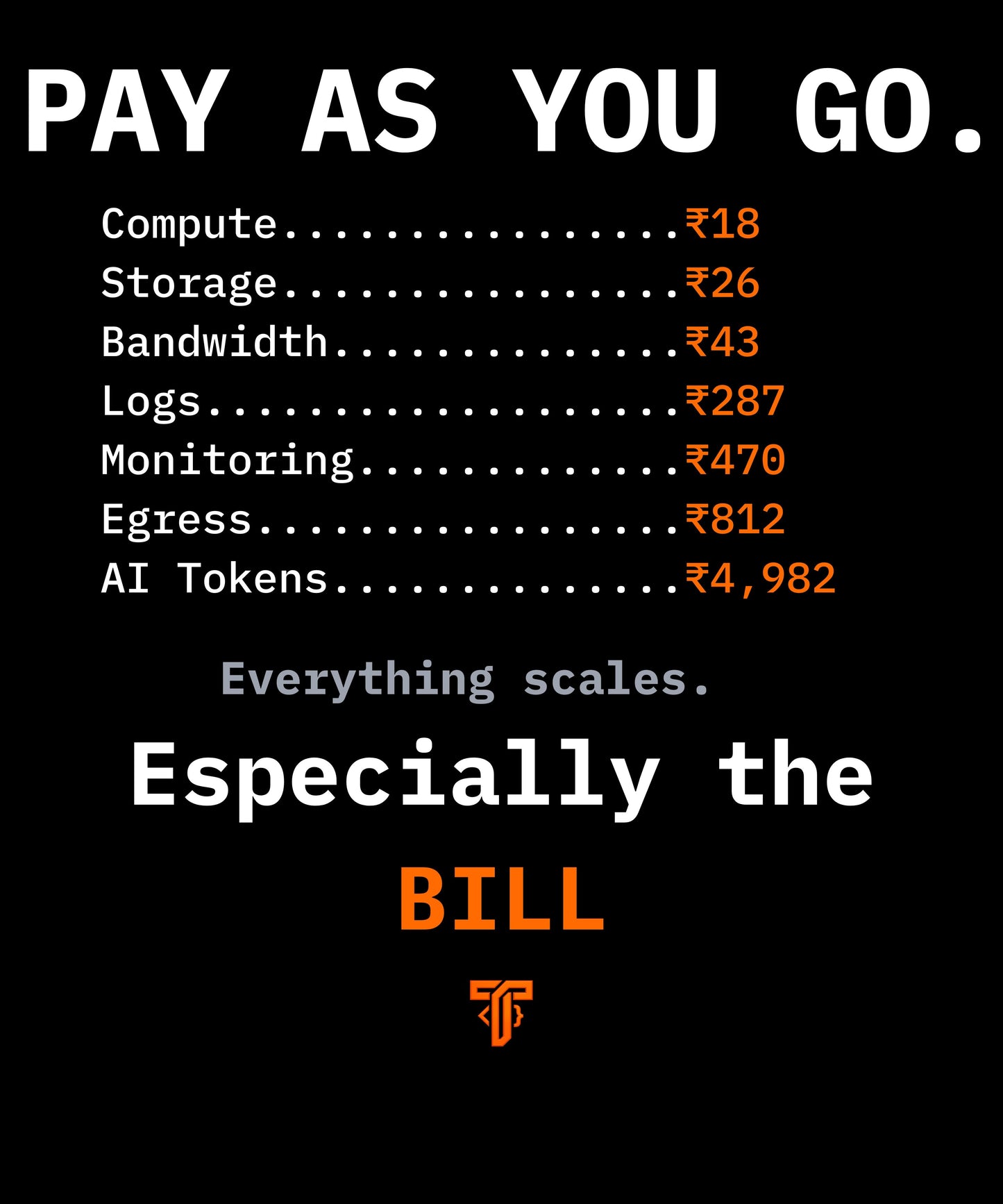 Minimal typography t-shirt featuring a cloud-style billing table with the punchline "Everything scales. Especially the bill." for cloud engineers and DevOps professionals.