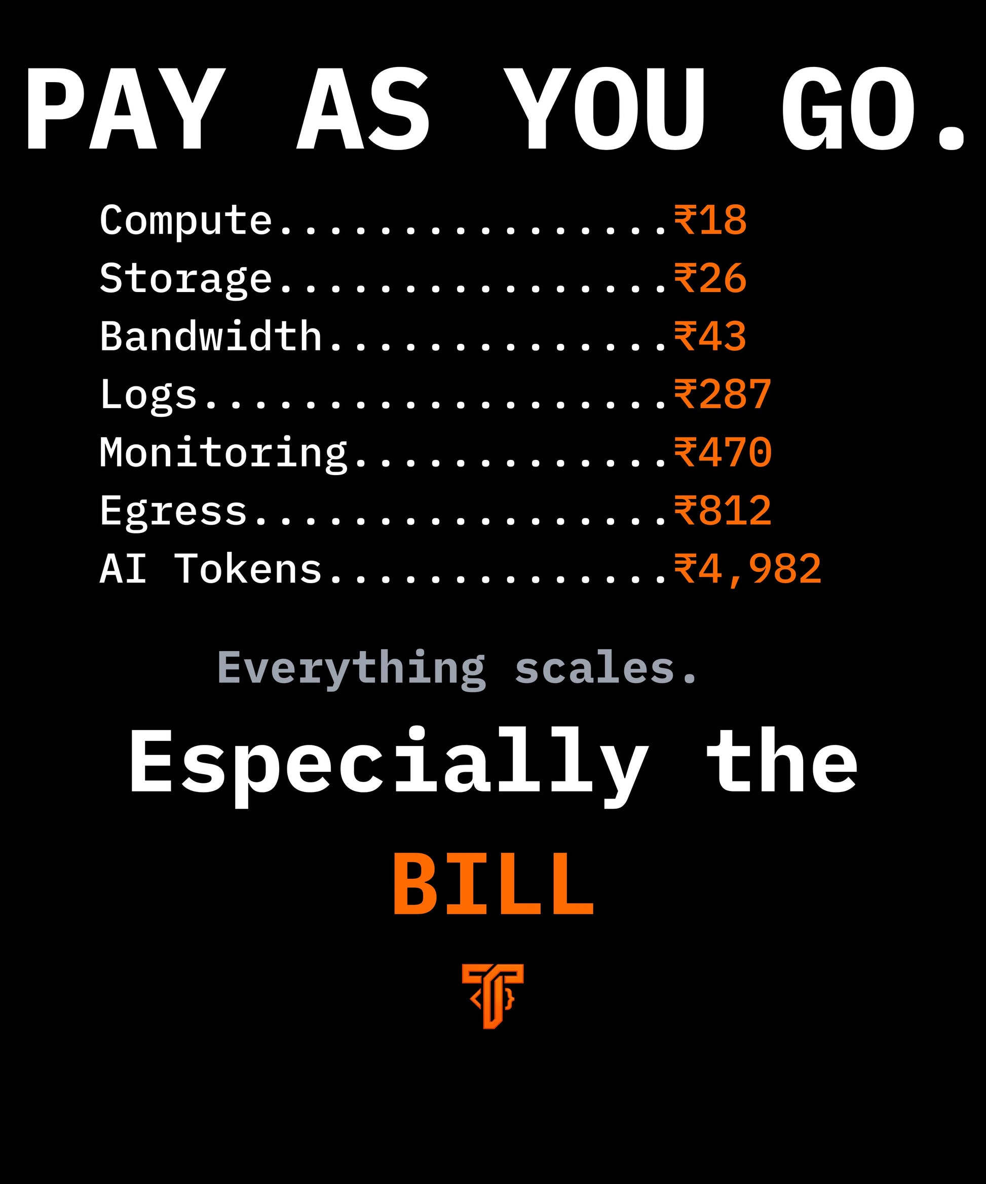 Minimal typography t-shirt featuring a cloud-style billing table with the punchline "Everything scales. Especially the bill." for cloud engineers and DevOps professionals.