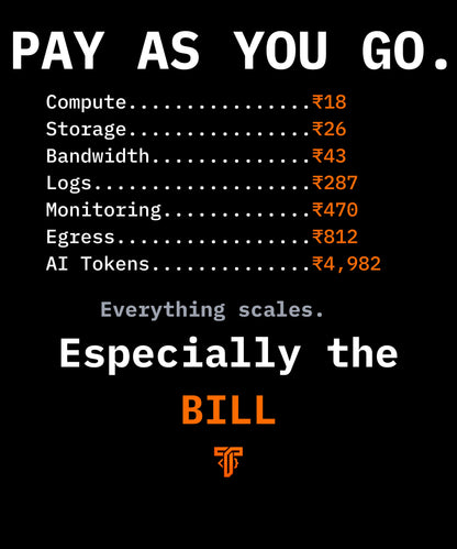 Minimal typography t-shirt featuring a cloud-style billing table with the punchline "Everything scales. Especially the bill." for cloud engineers and DevOps professionals.